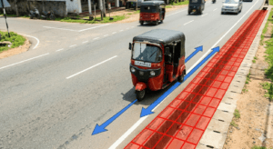 Diagram showing the wide turning circle of a 3-wheeler to avoid back wheels hitting the curb.