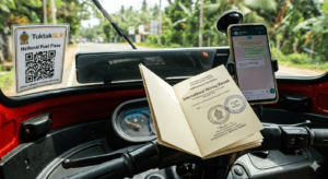 Physical 1949 Geneva Convention IDP and National Fuel Pass QR code for renting a tuk tuk in Sri Lanka.